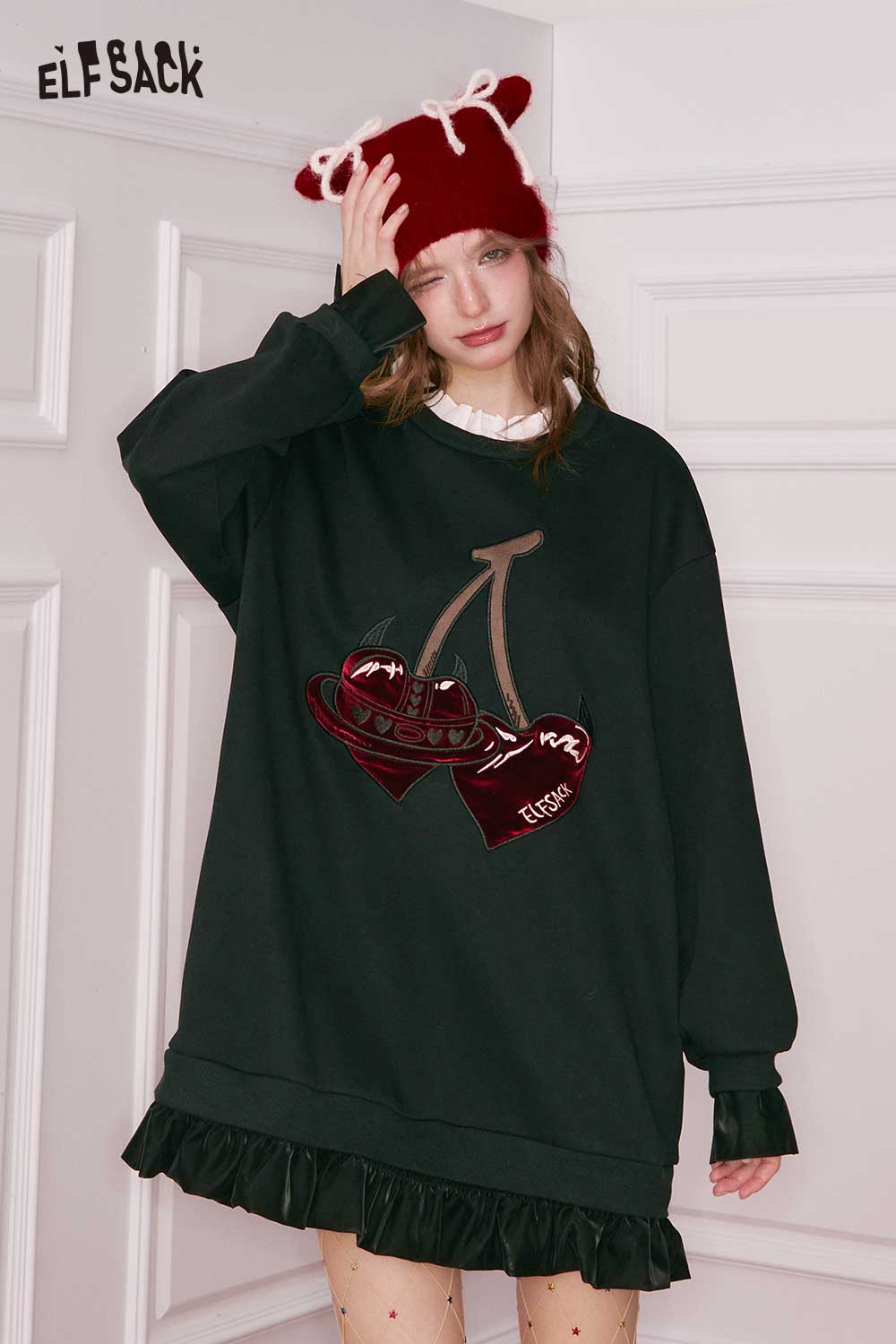 ELFSACK cherry embroidery dress in black with ruffled hem and playful cherry design