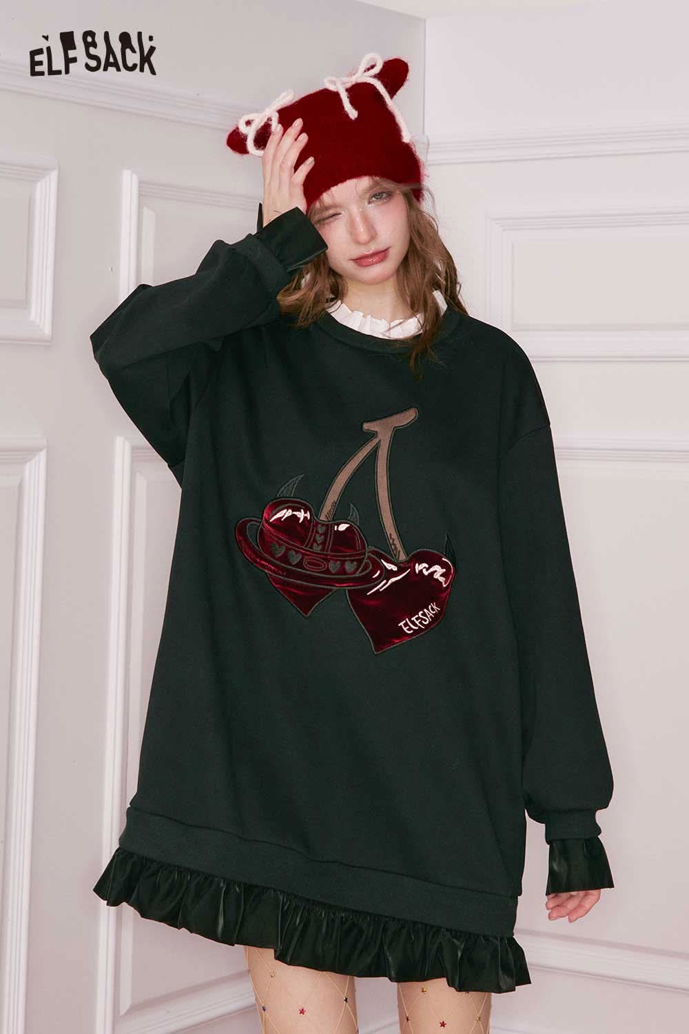 ELFSACK cherry embroidery dress in black with ruffled hem and playful cherry design