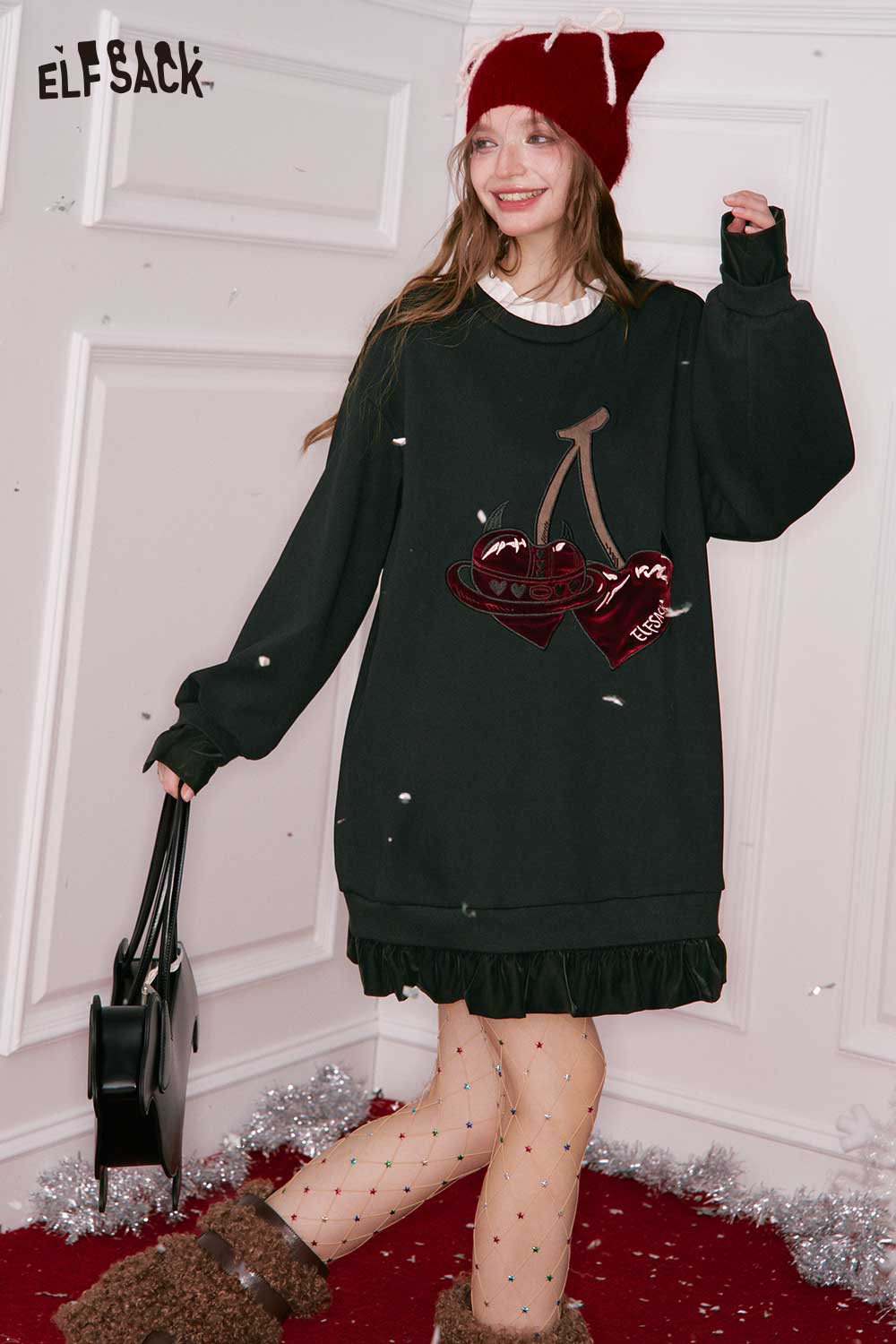 ELFSACK cherry embroidery dress with playful design and ruffled hem for a trendy look