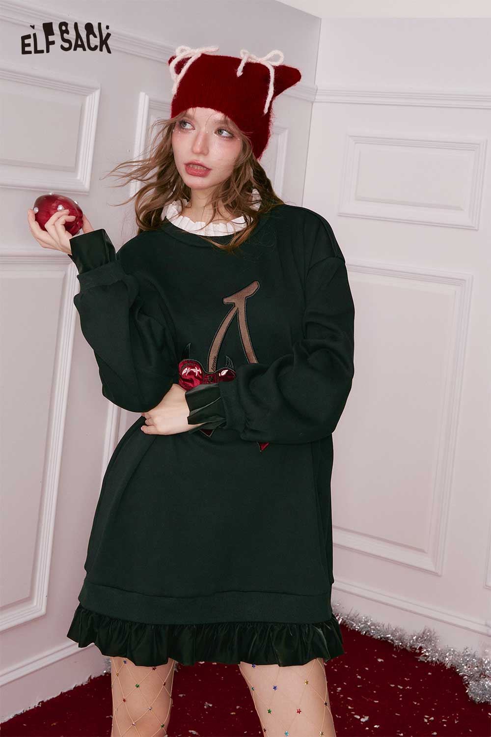 ELFSACK cherry embroidery dress featuring a relaxed fit and ruffled hem for a stylish look