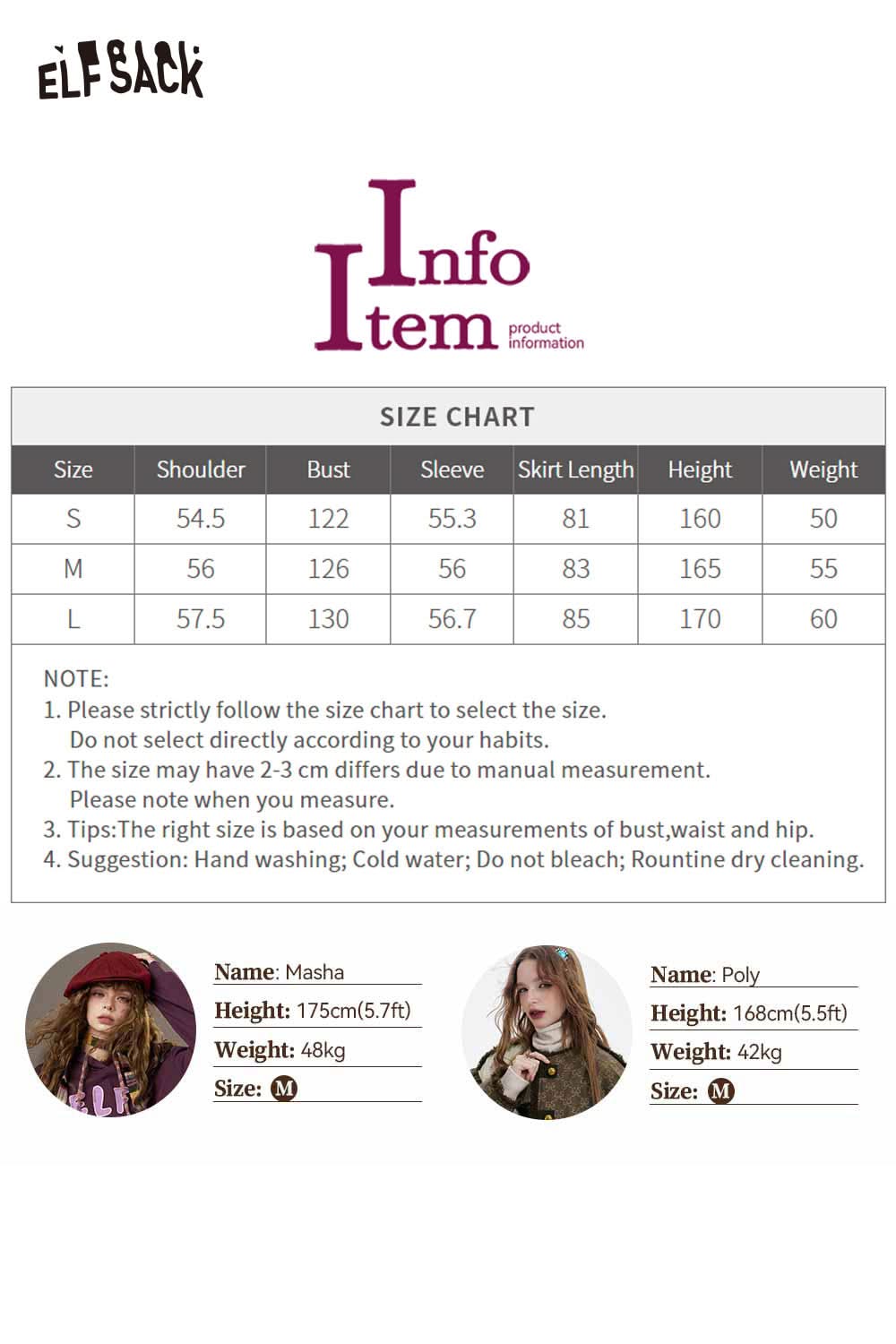 ELFSACK cherry embroidery dress size chart with detailed measurements and care instructions