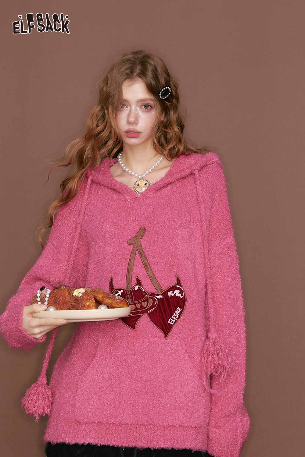 ELFSACK cherry heart embroidery sweater in pink with a cozy design and playful details