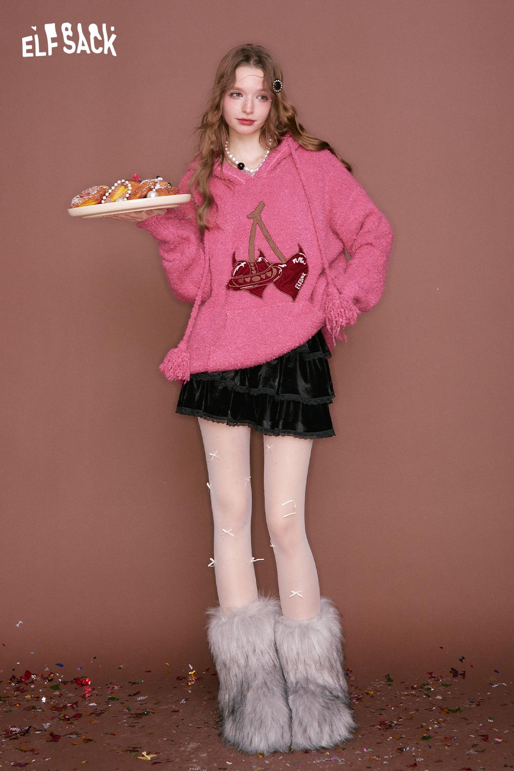 ELFSACK cherry heart embroidery sweater in pink with whimsical cherry design on a cozy hoodie