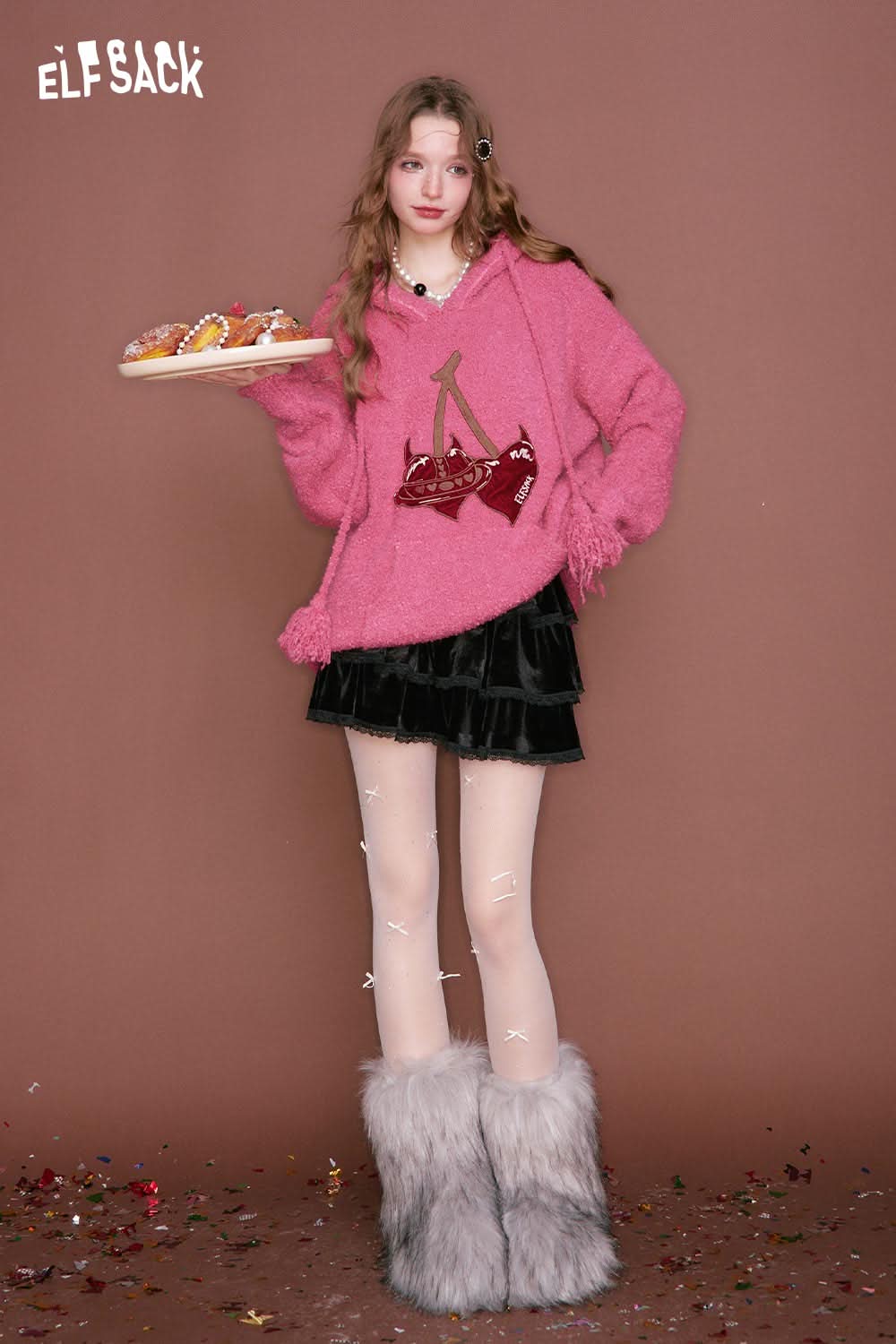 ELFSACK cherry heart embroidery sweater in pink with whimsical cherry design on a cozy hoodie