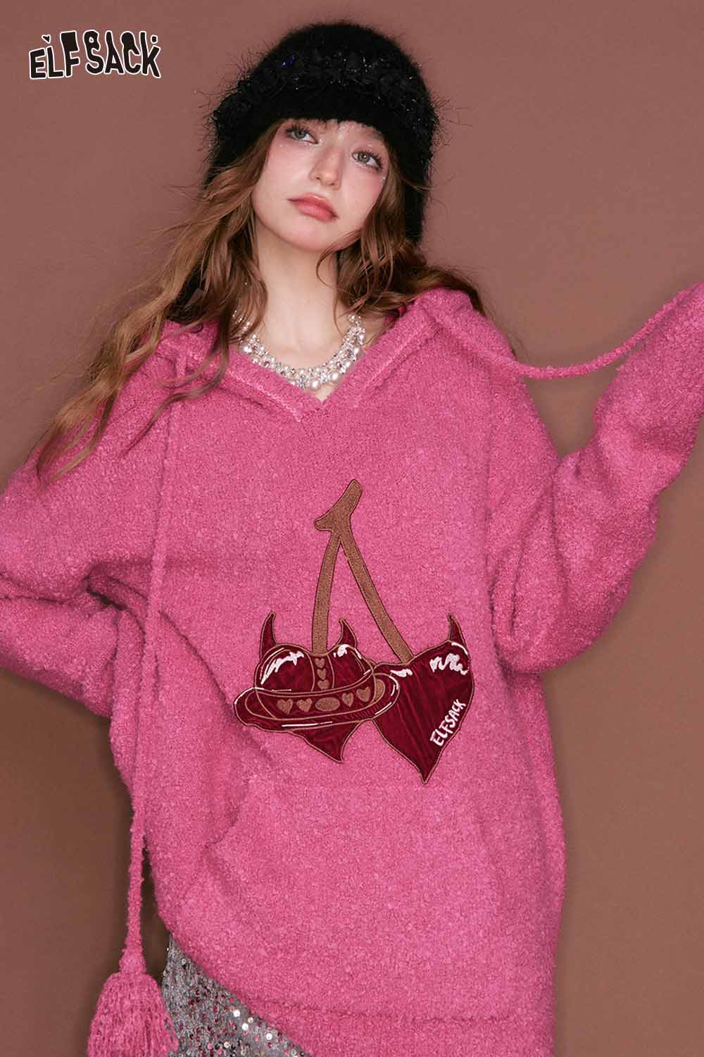ELFSACK cherry heart embroidery sweater in cozy pink with unique cherry design and hood