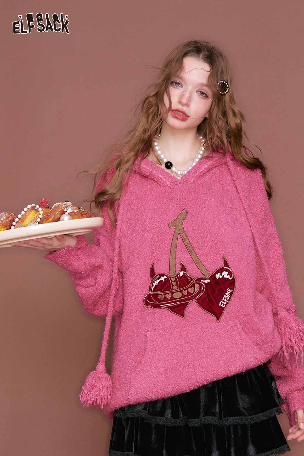 ELFSACK cherry heart embroidery sweater in pink with playful cherry design and cozy hood for a stylish look