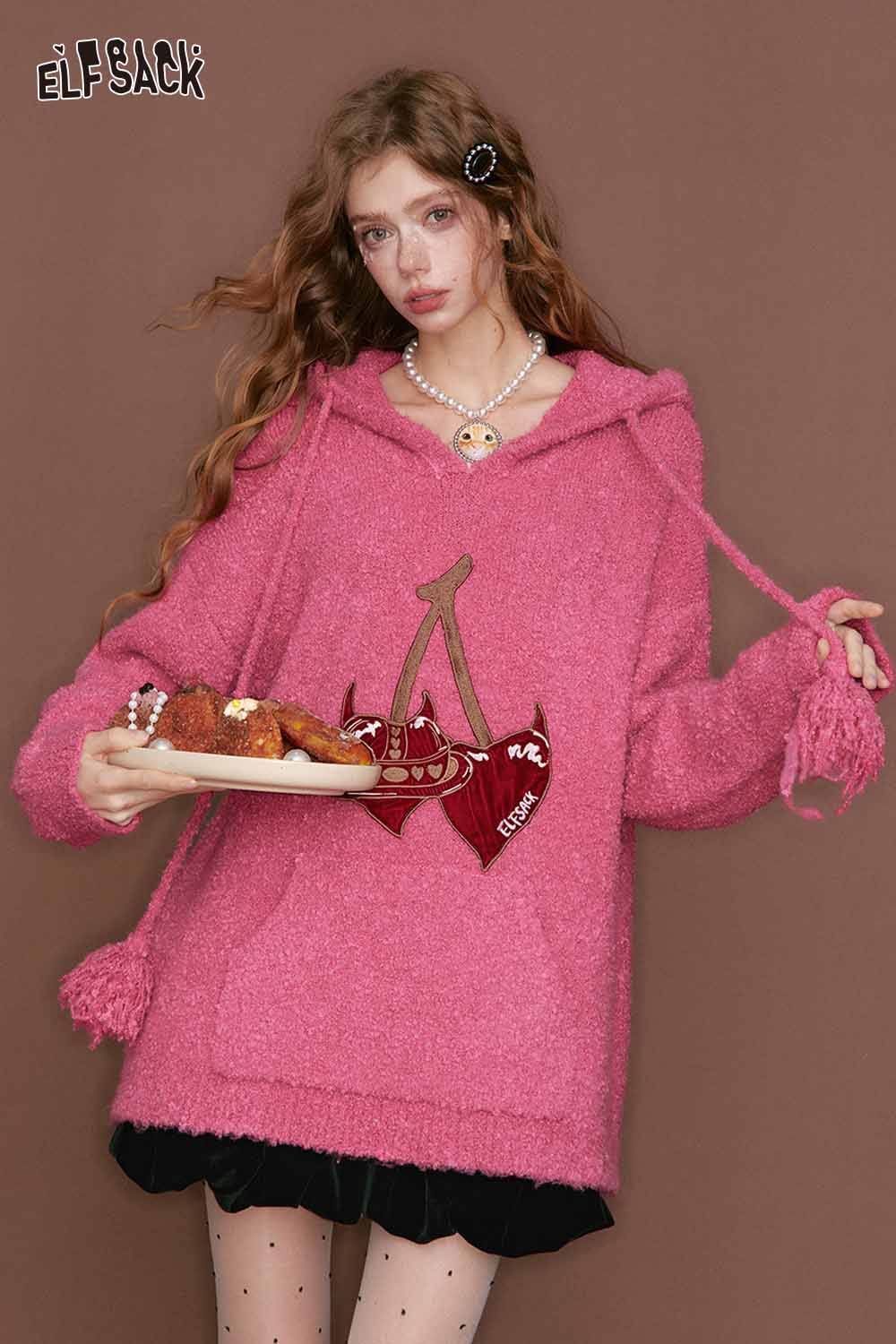 ELFSACK cherry heart embroidery sweater in pink with cozy hoodie and tassel details