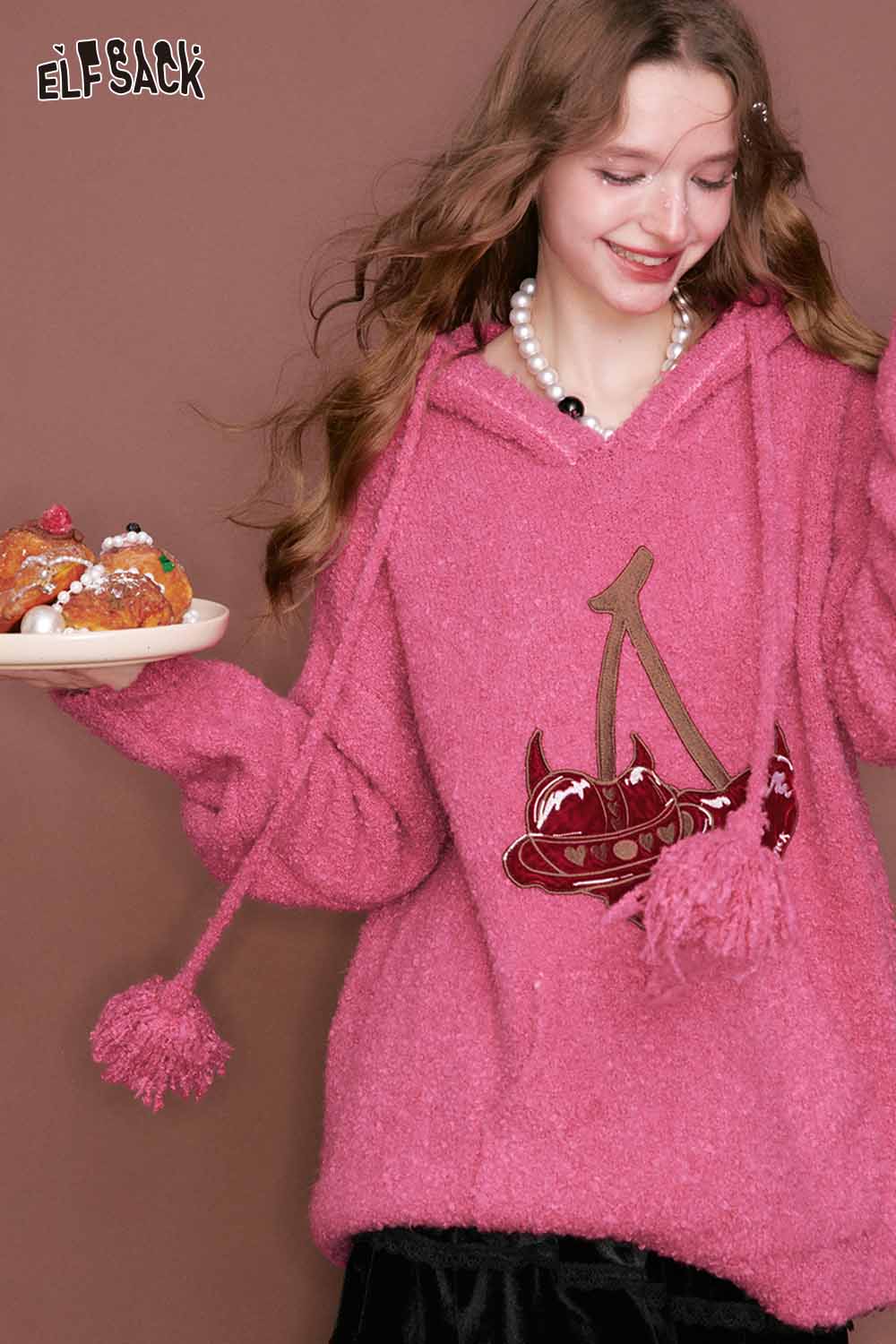 Cozy ELFSACK cherry heart embroidery sweater in pink with playful pom poms and a unique design
