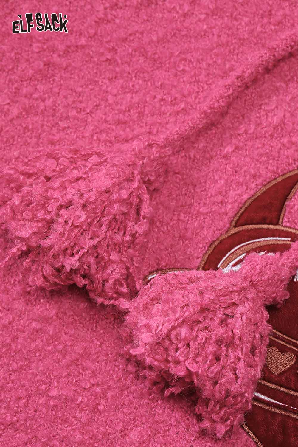 Pink ELFSACK cherry heart embroidery sweater with textured tassels for a cozy look