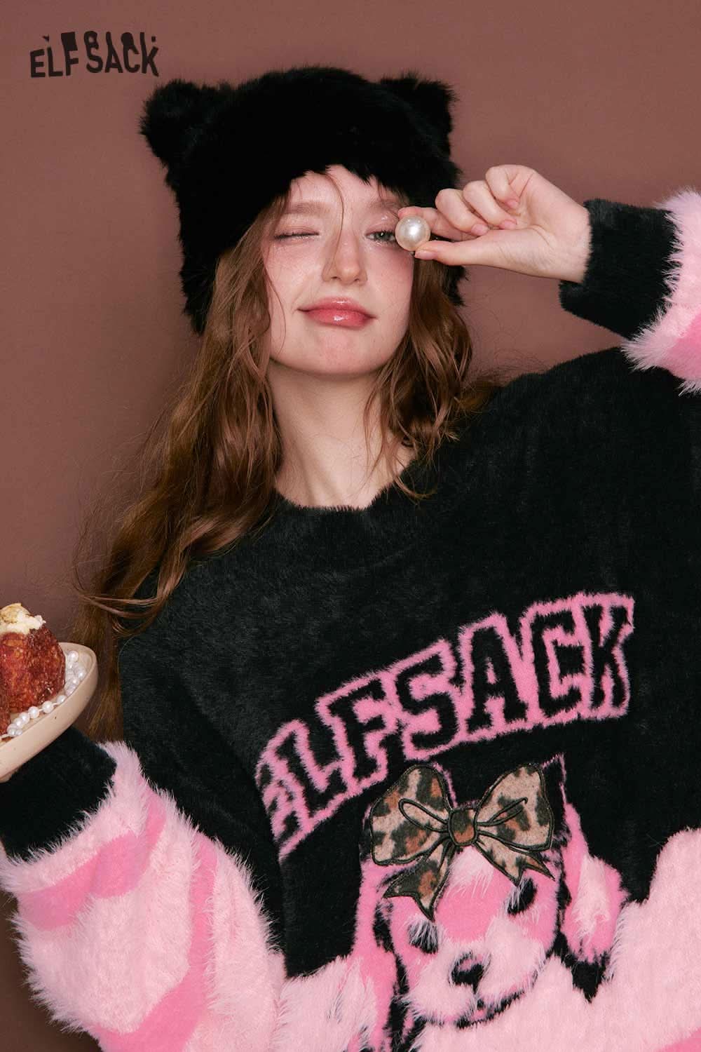 ELFSACK color block animal graphic sweater featuring a playful bear design in pink and black