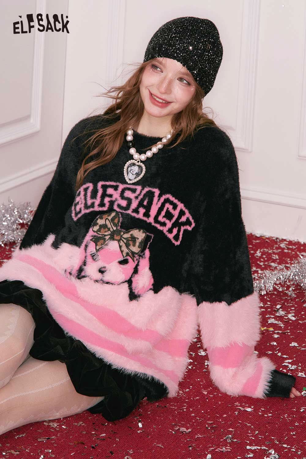 ELFSACK color block animal graphic sweater in black and pink with playful design and oversized fit