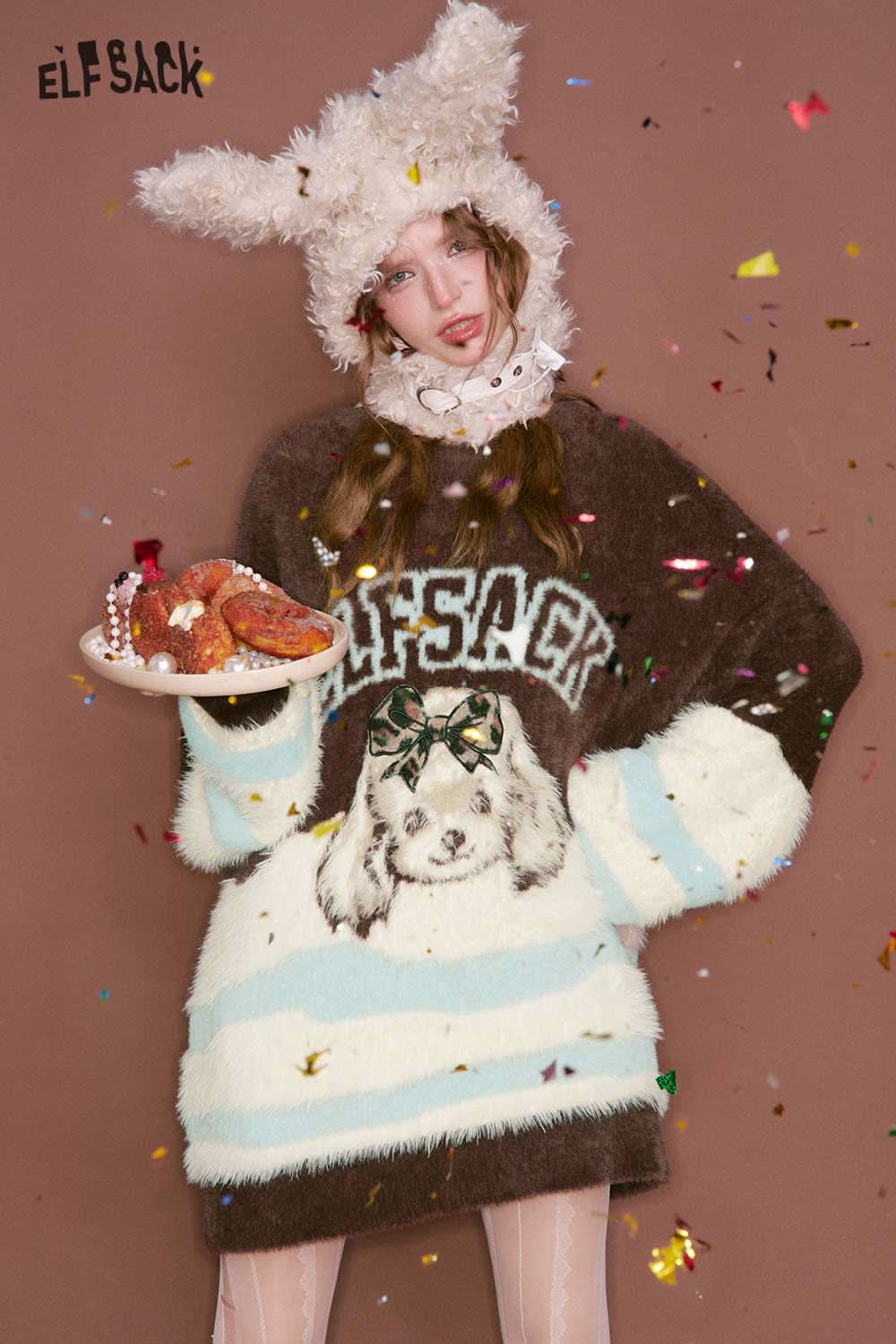 ELFSACK color block animal graphic sweater featuring a cute dog design in soft, cozy fabric