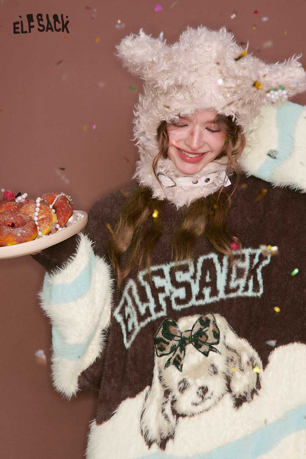 ELFSACK color block animal graphic sweater featuring a cute dog design and soft fabric for cozy style