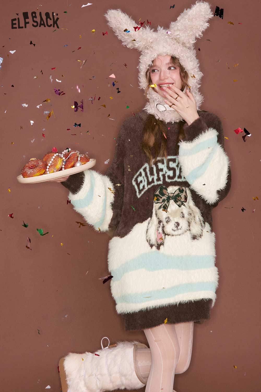 ELFSACK color block animal graphic sweater featuring a playful dog design and cozy, oversized fit