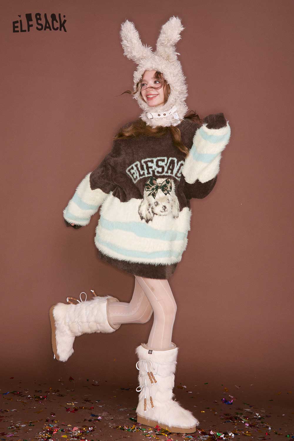 ELFSACK color block animal graphic sweater in cozy brown with playful animal design for stylish winter looks