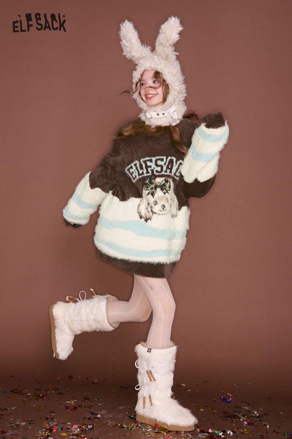 ELFSACK color block animal graphic sweater in cozy brown with playful animal design for stylish winter looks