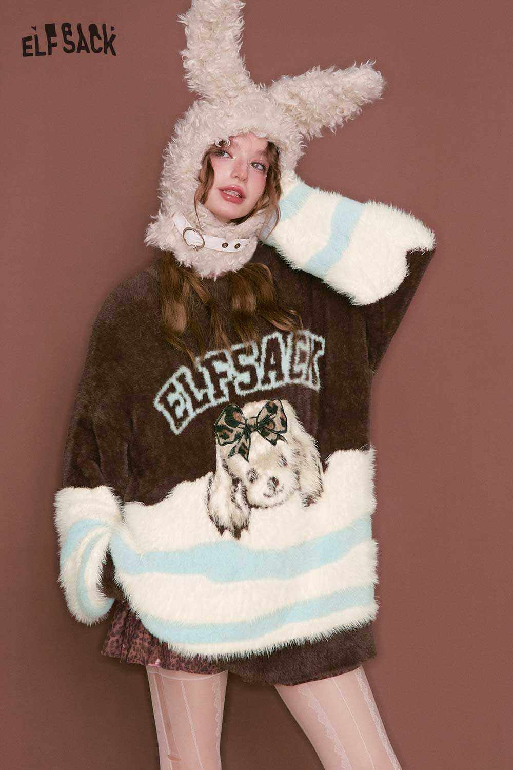 ELFSACK Color Block Animal Graphic Sweater in Brown with Cute Dog Design and Cozy Fit