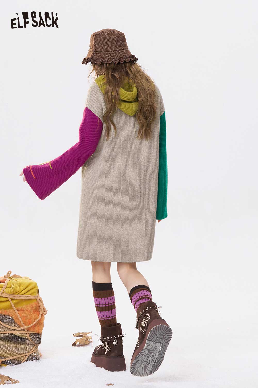 ELFSACK color block hooded dress featuring a unique design with colorful sleeves and a cozy hood