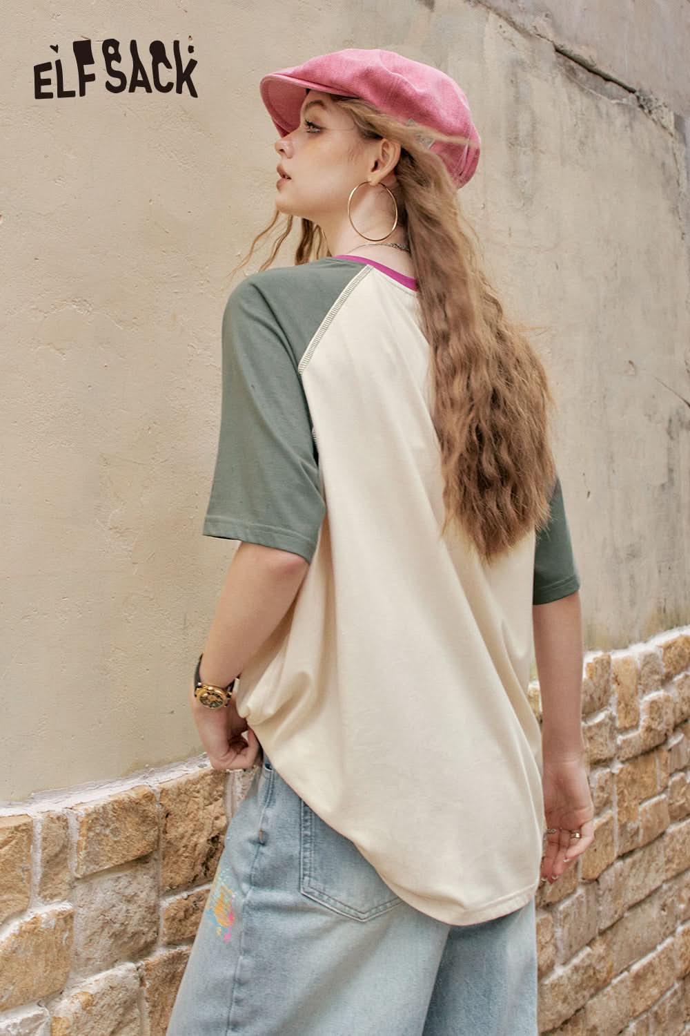 ELFSACK Color Blocking Printed Casual Short Sleeve T-Shirt