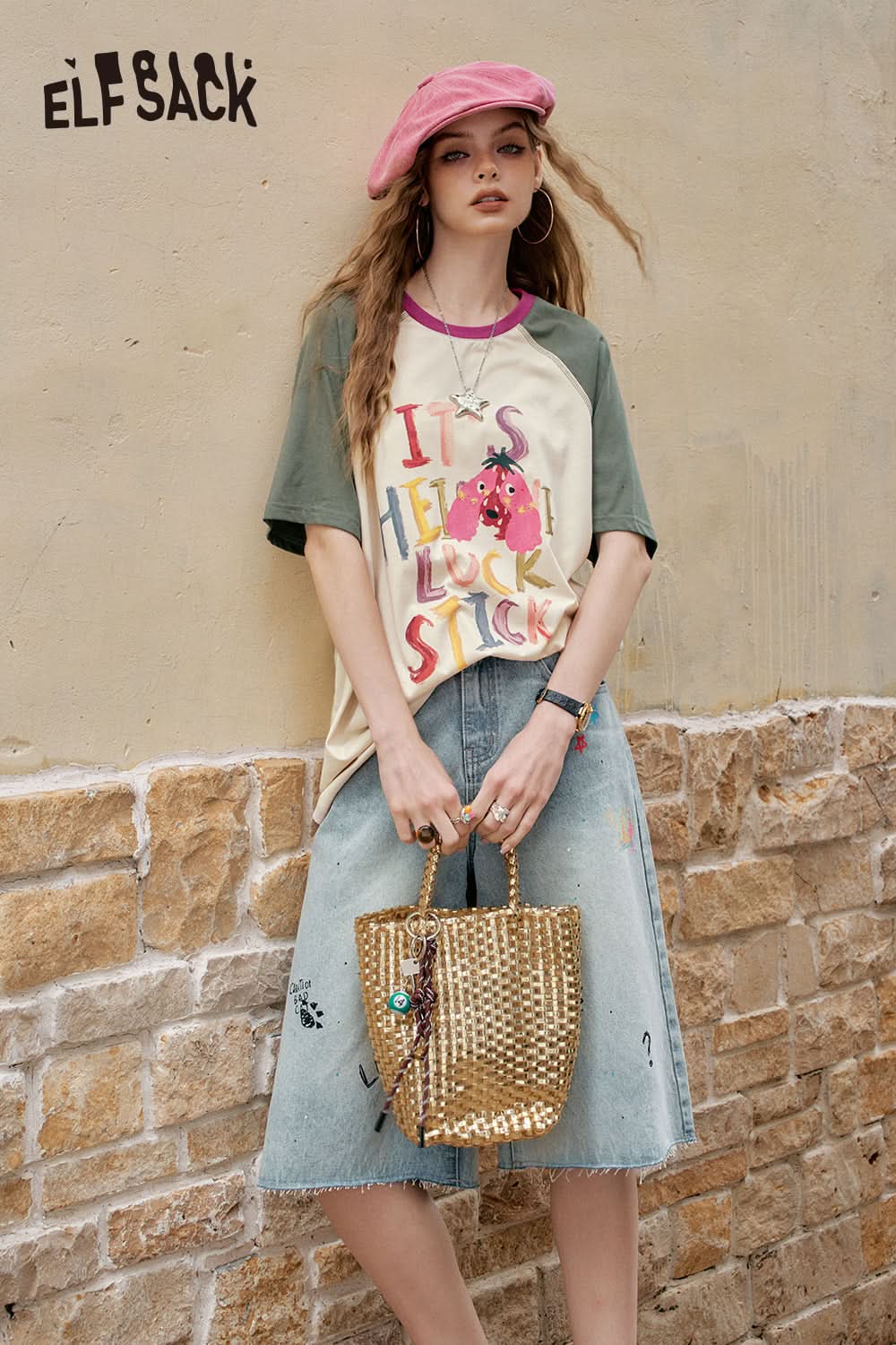 ELFSACK Color Blocking Printed Casual Short Sleeve T-Shirt