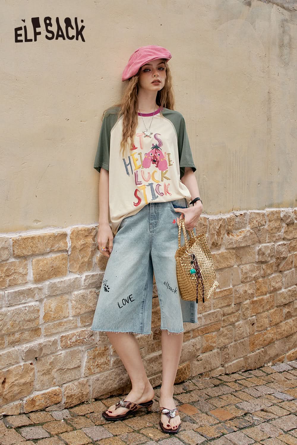 ELFSACK Color Blocking Printed Casual Short Sleeve T-Shirt