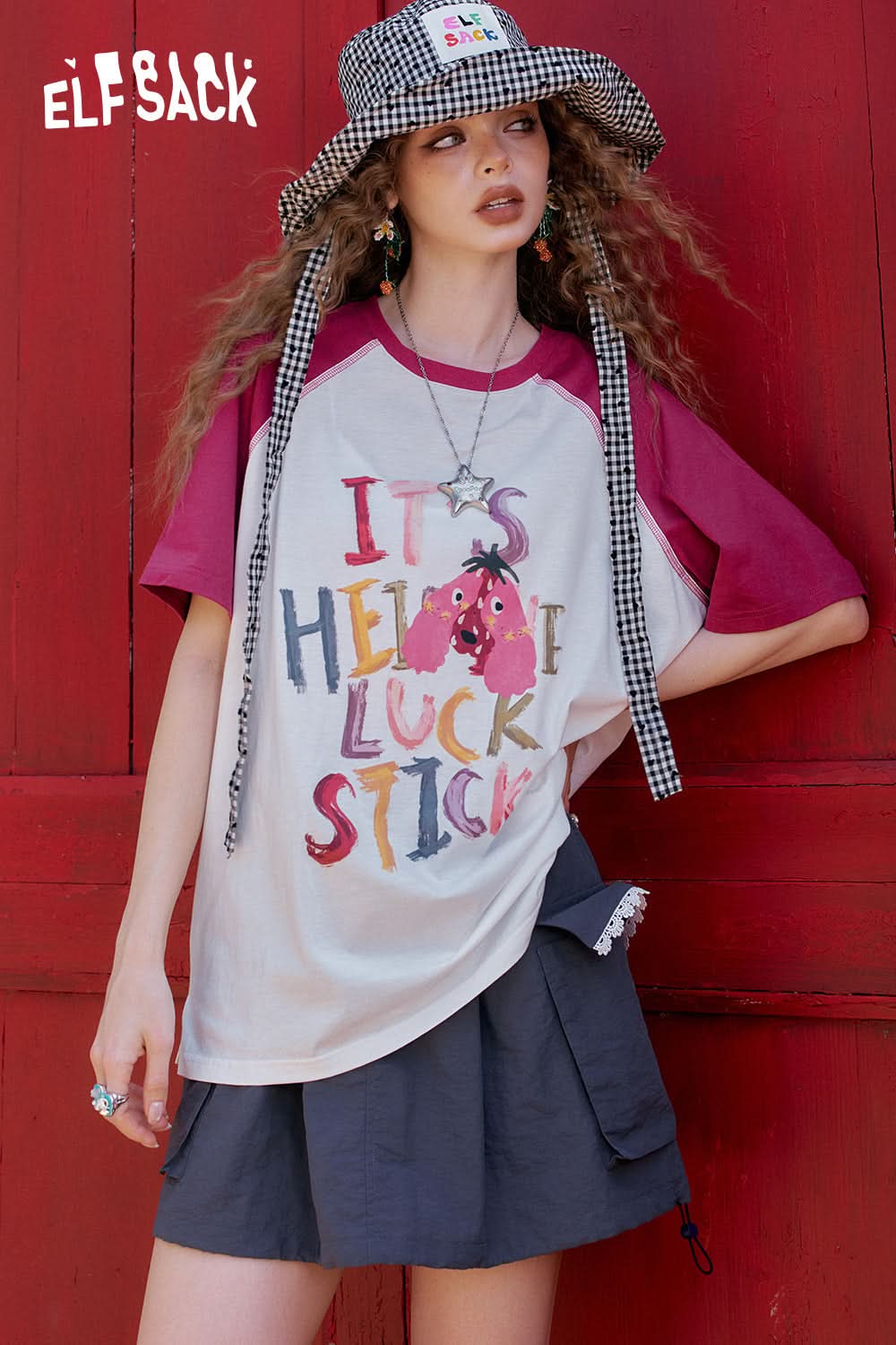 ELFSACK Color Blocking Printed Casual Short Sleeve T-Shirt