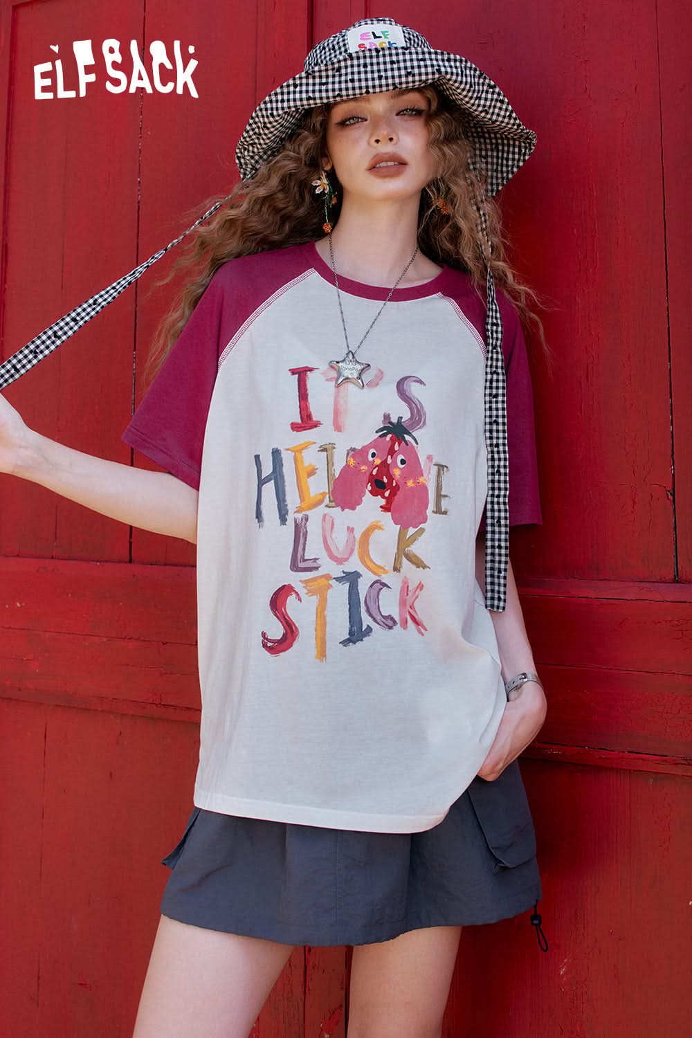 ELFSACK Color Blocking Printed Casual Short Sleeve T-Shirt