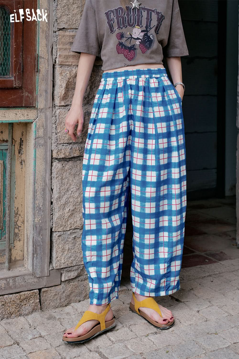 ELFSACK Colorful Checkered Wide Leg Casual Pants