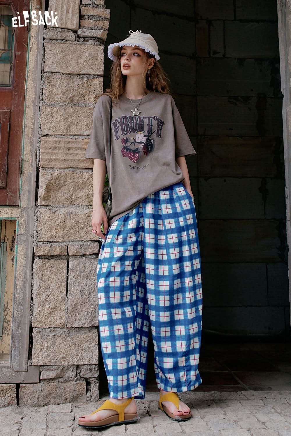 ELFSACK Colorful Checkered Wide Leg Casual Pants
