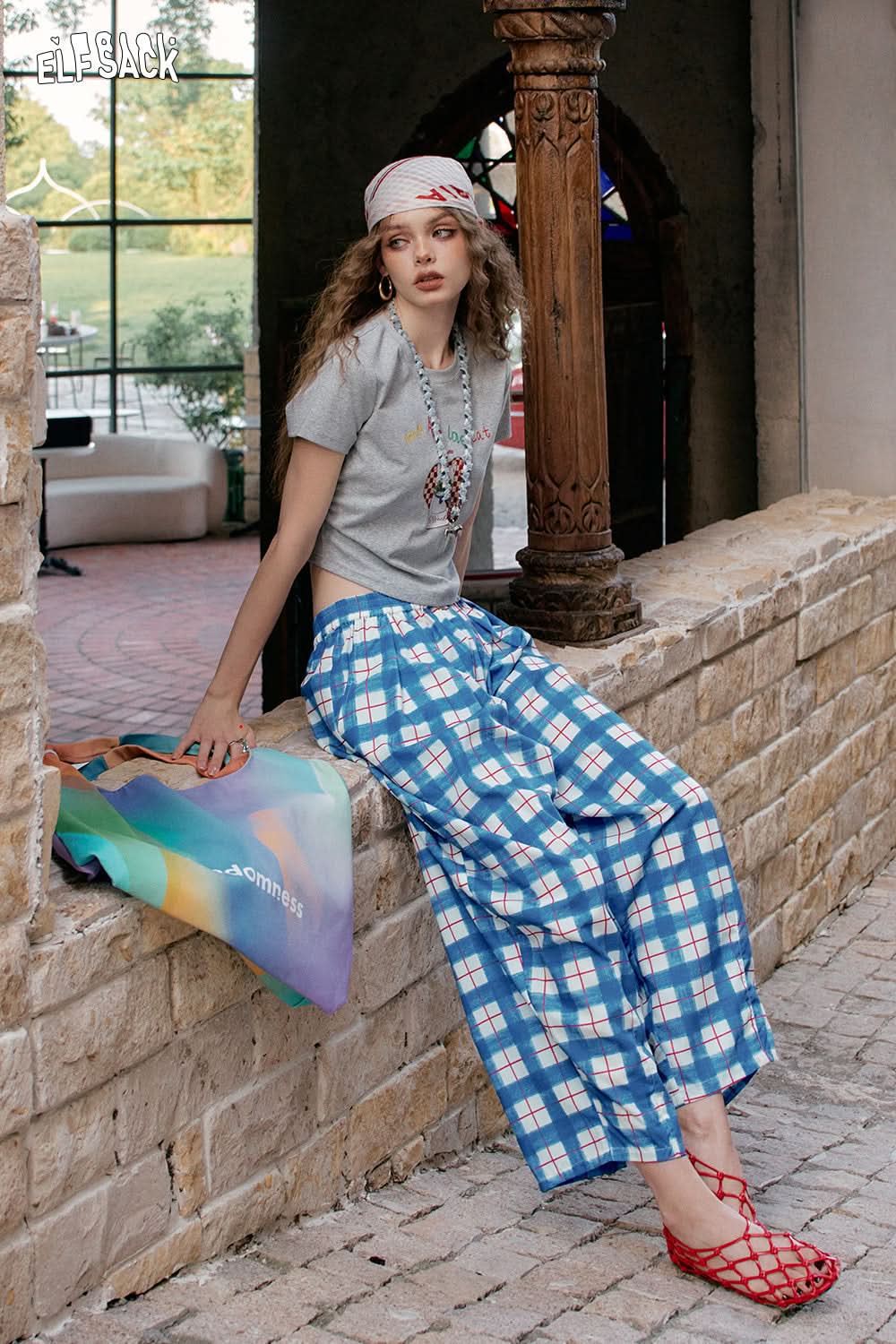 ELFSACK Colorful Checkered Wide Leg Casual Pants