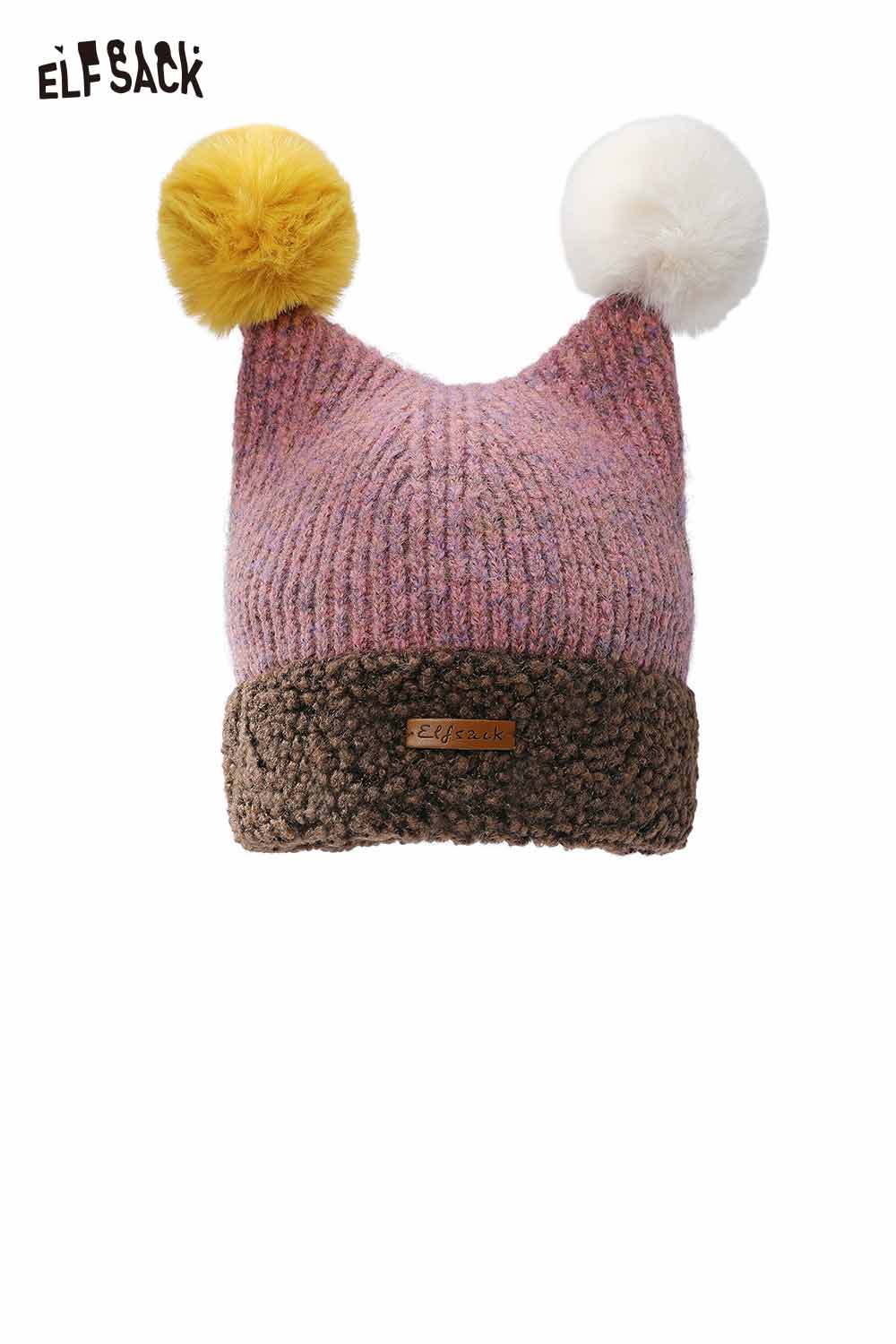 ELFSACK colorful pom pom knit beanie with playful cat ears and large pom poms