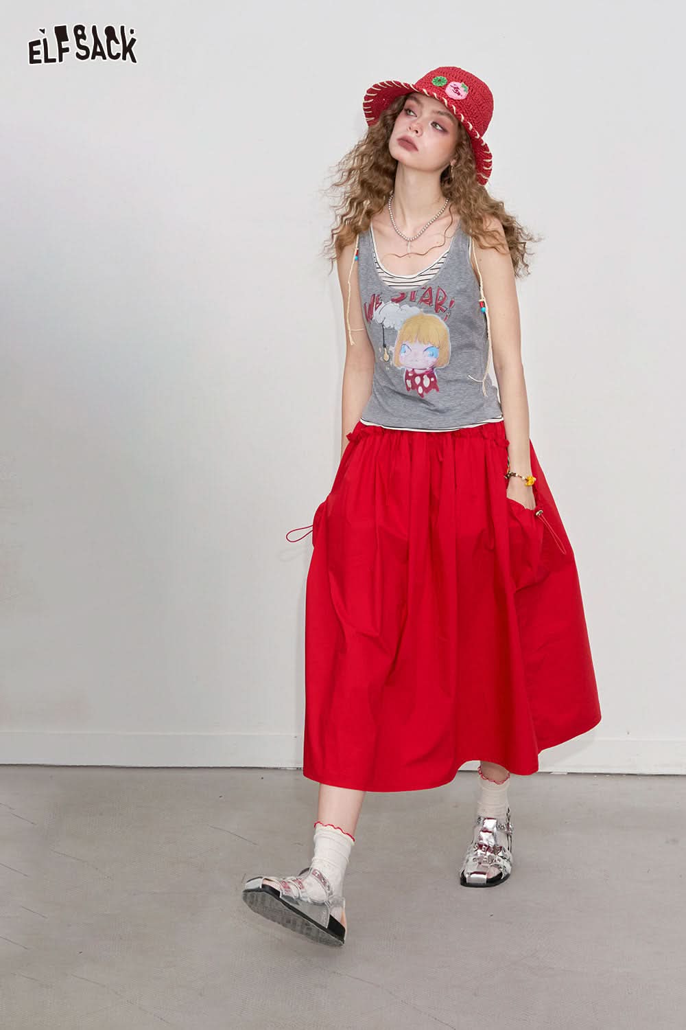 ELFSACK Colourful Polka Dot High Waist Half Long Skirt