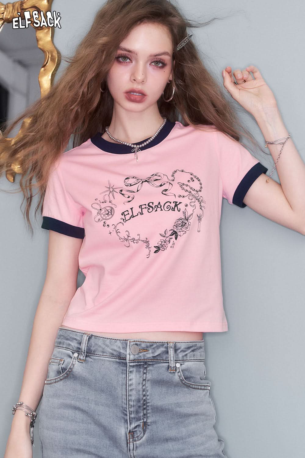 ELFSACK Contrast Color Printed Short Sleeved T Shirt