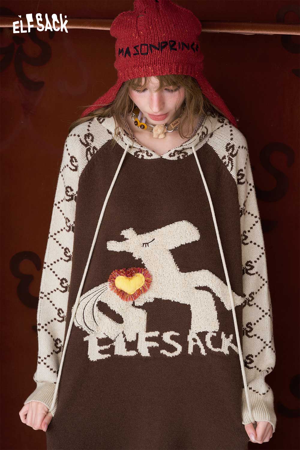 ELFSACK cute graphic knit dress featuring a whimsical unicorn design with a heart