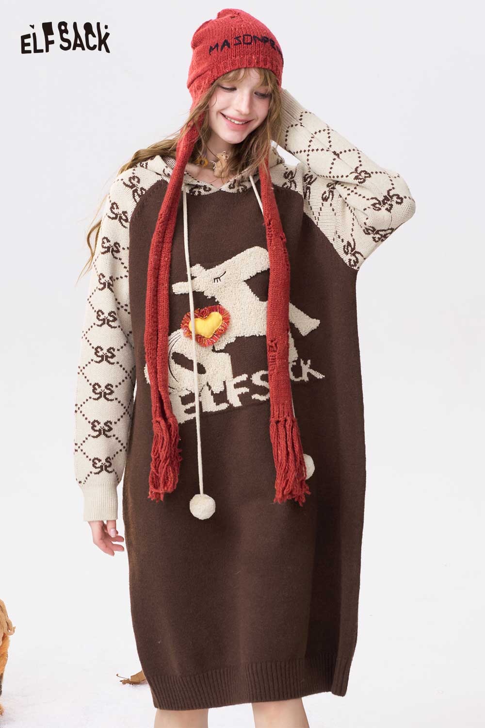 ELFSACK cute graphic knit dress in brown with playful designs and a cozy hood for stylish winter wear