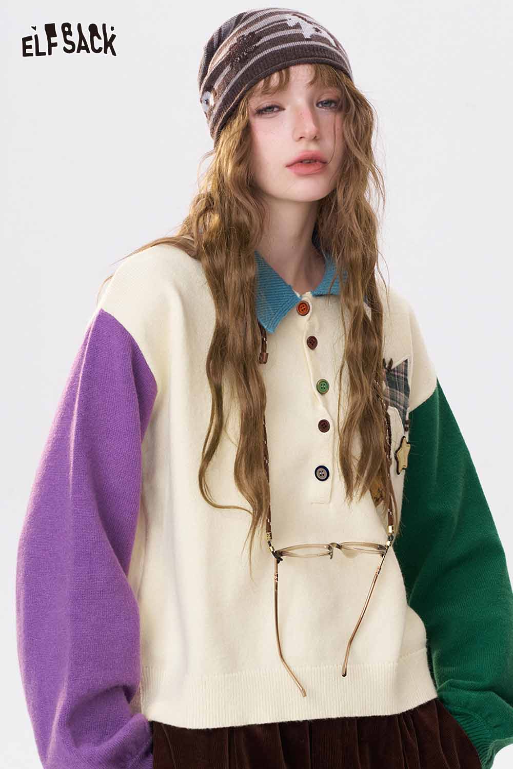 Cute graphic polo neck sweater by ELFSACK featuring colorful sleeves and button details for a trendy look