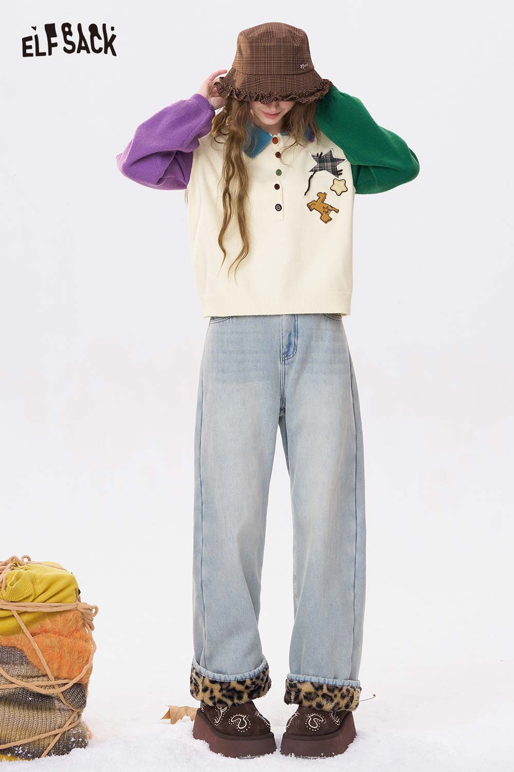 ELFSACK cute graphic polo neck sweater with colorful sleeves and playful designs for a trendy look