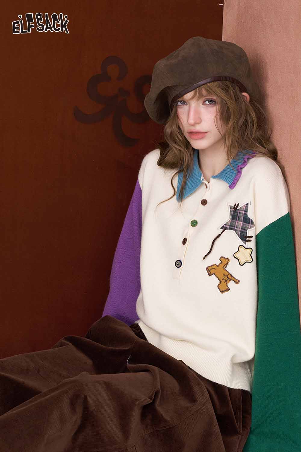 ELFSACK cute graphic polo neck sweater in cream with colorful sleeves and playful designs