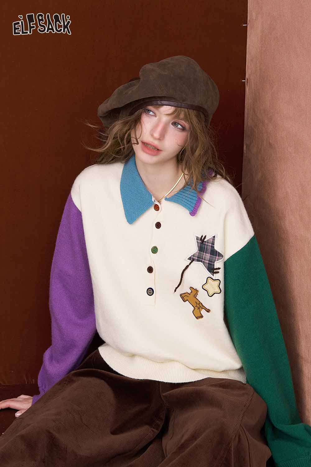 ELFSACK cute graphic polo neck sweater in pastel colors with unique patterns and buttons