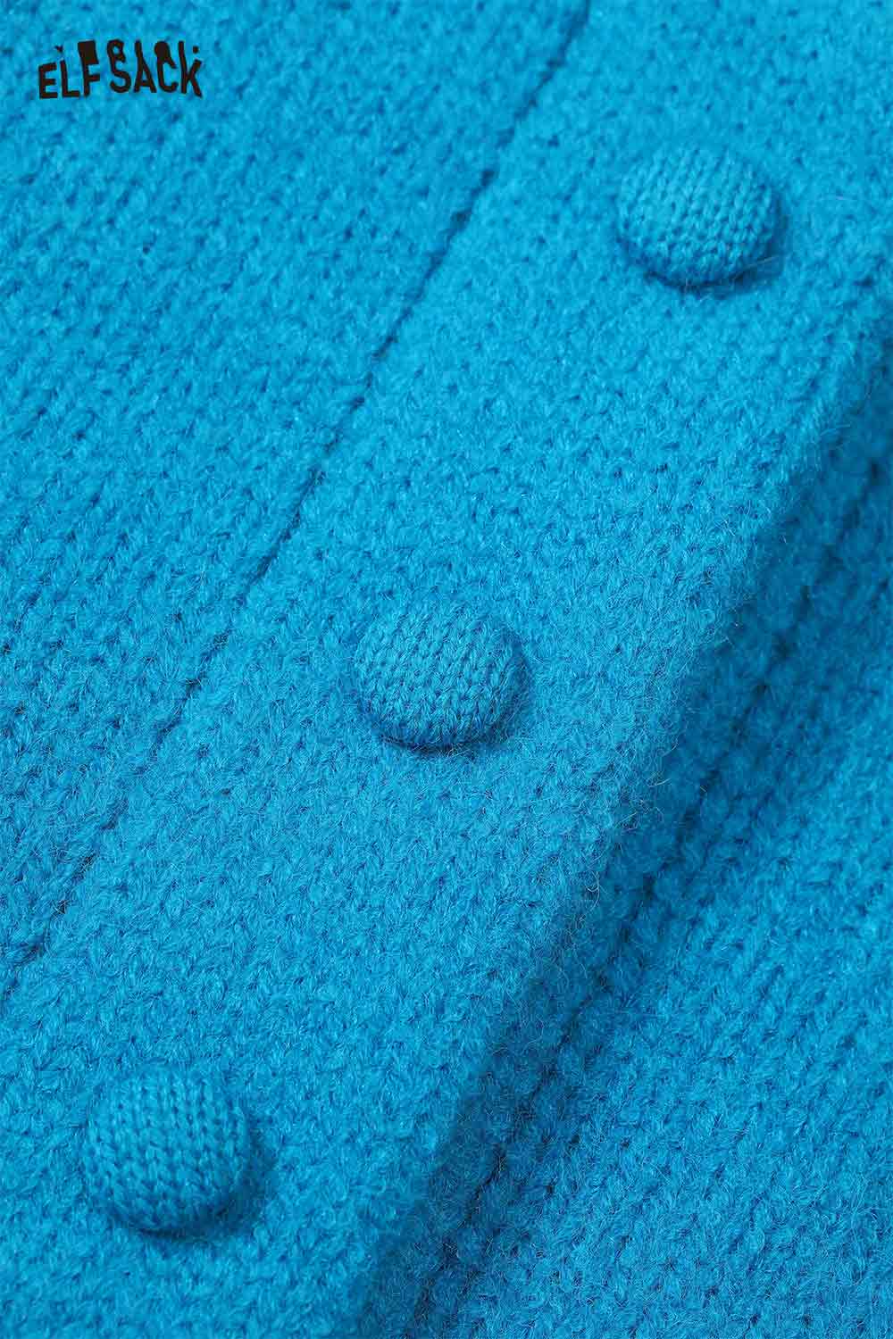 Cute knit embroidered sweater for women in vibrant blue with textured buttons