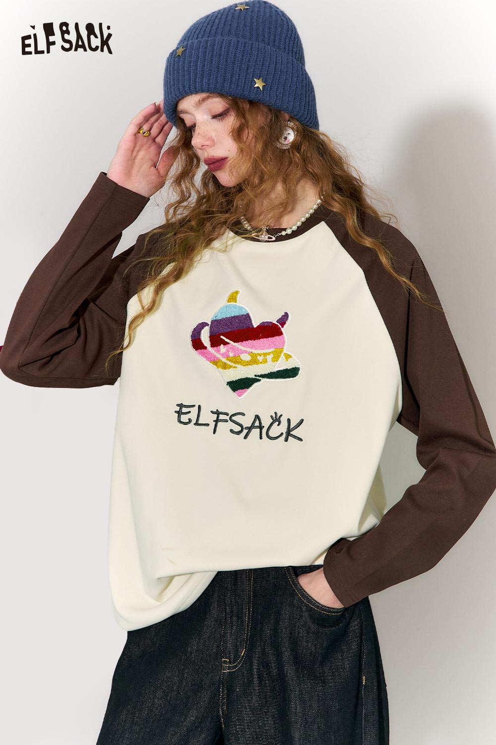 ELFSACK devil heart embroidery t-shirt with colorful coffee cup design on cream and brown sleeves