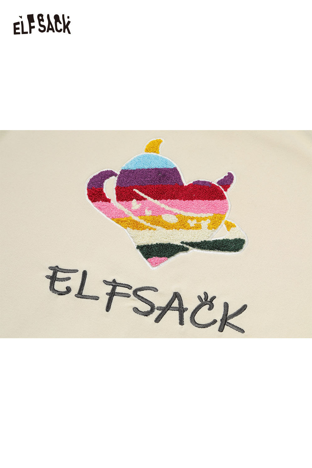 ELFSACK devil heart embroidery t-shirt in cream color featuring colorful heart design