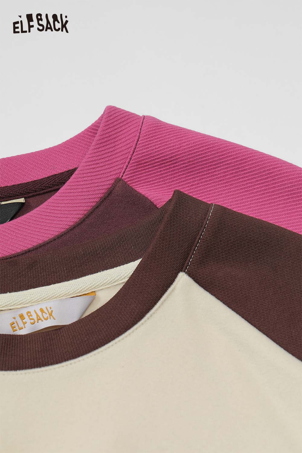 ELFSACK devil heart embroidery t-shirt featuring a stylish color block design with pink and brown details