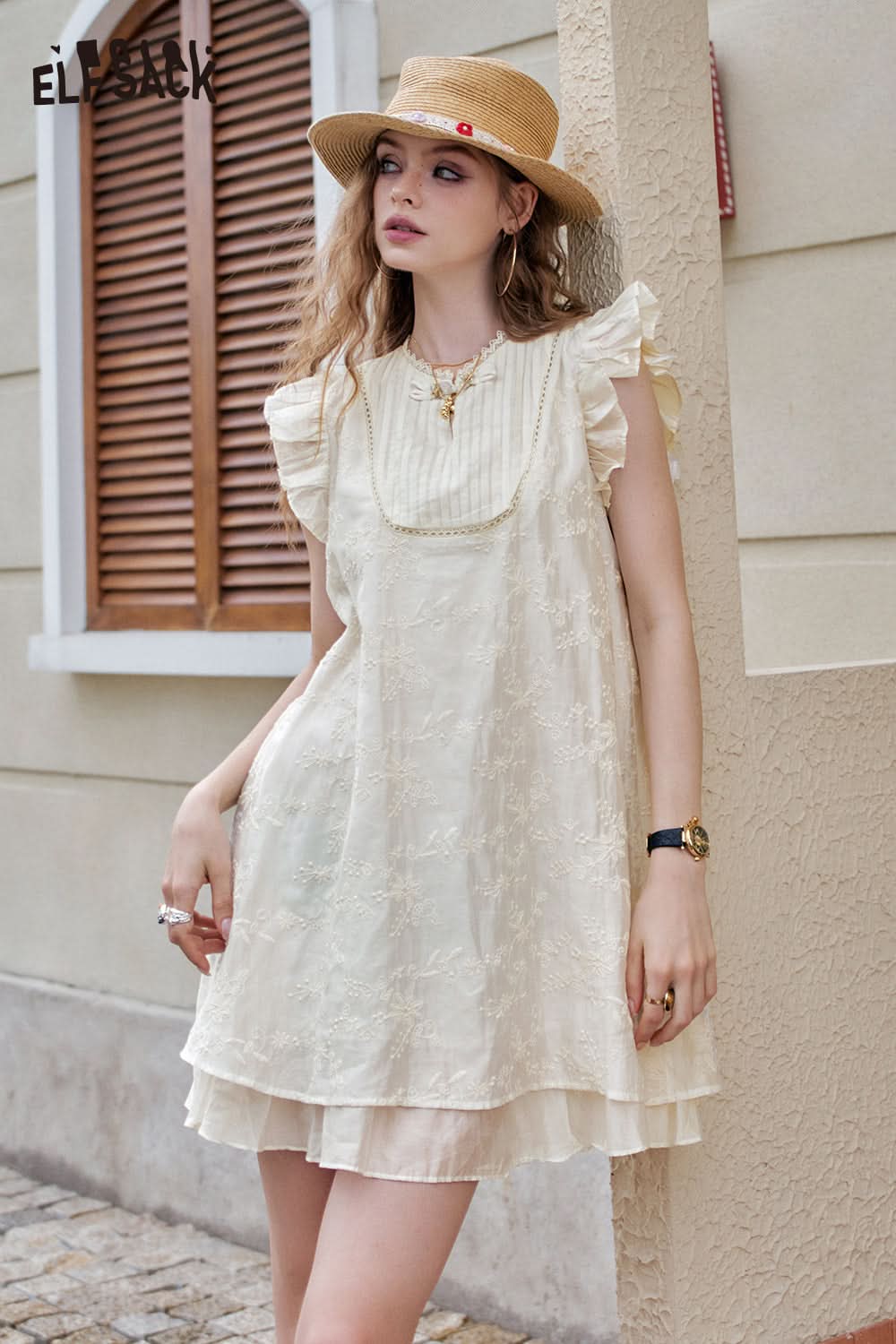 ELFSACK Embroidered Apricot Small Fly Sleeves Loose Casual Dress