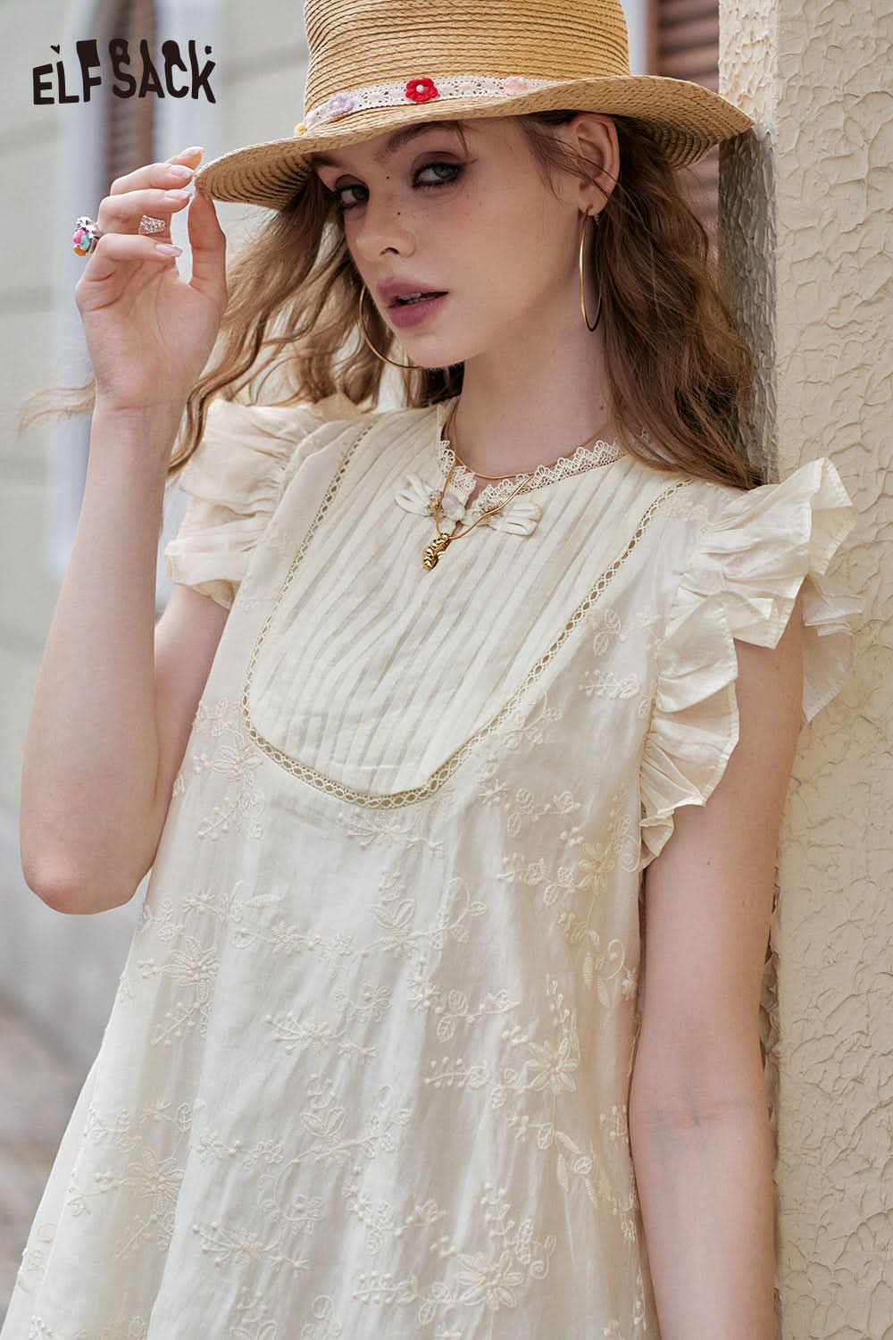 ELFSACK Embroidered Apricot Small Fly Sleeves Loose Casual Dress