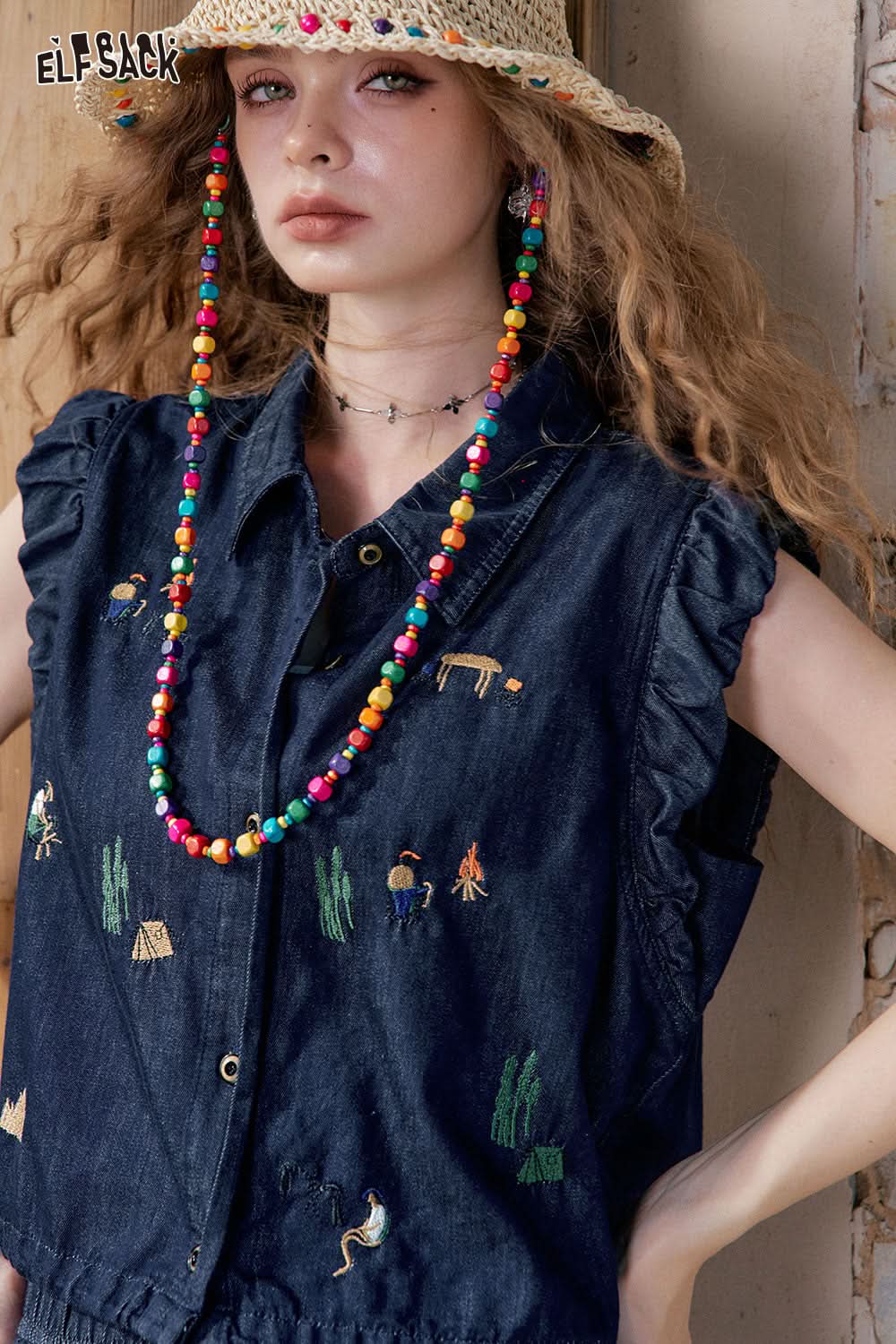 ELFSACK Embroidered Flysleeve Denim Jacket Shorts Set