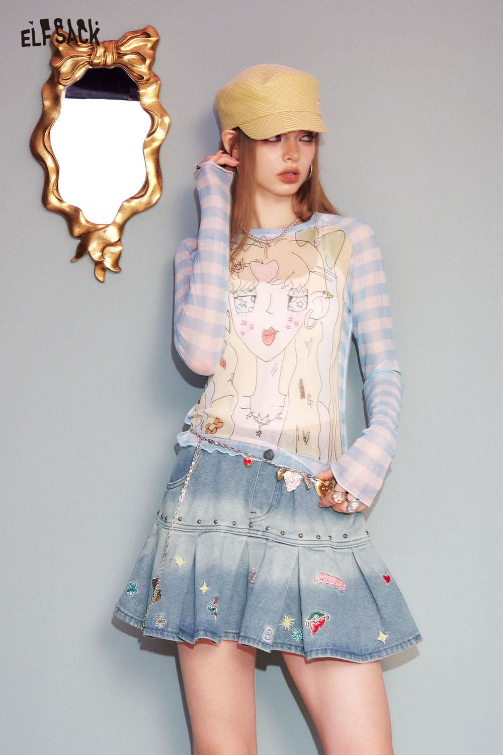 ELFSACK Embroidered Studded Denim Halter Short Skirt