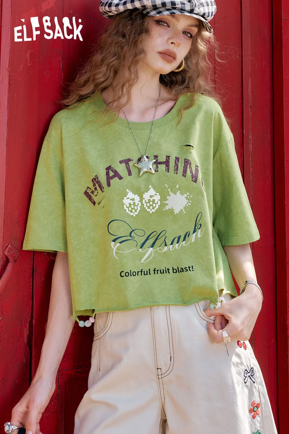 ELFSACK Fairy Green Printed Casual Short Sleeve T-Shirt