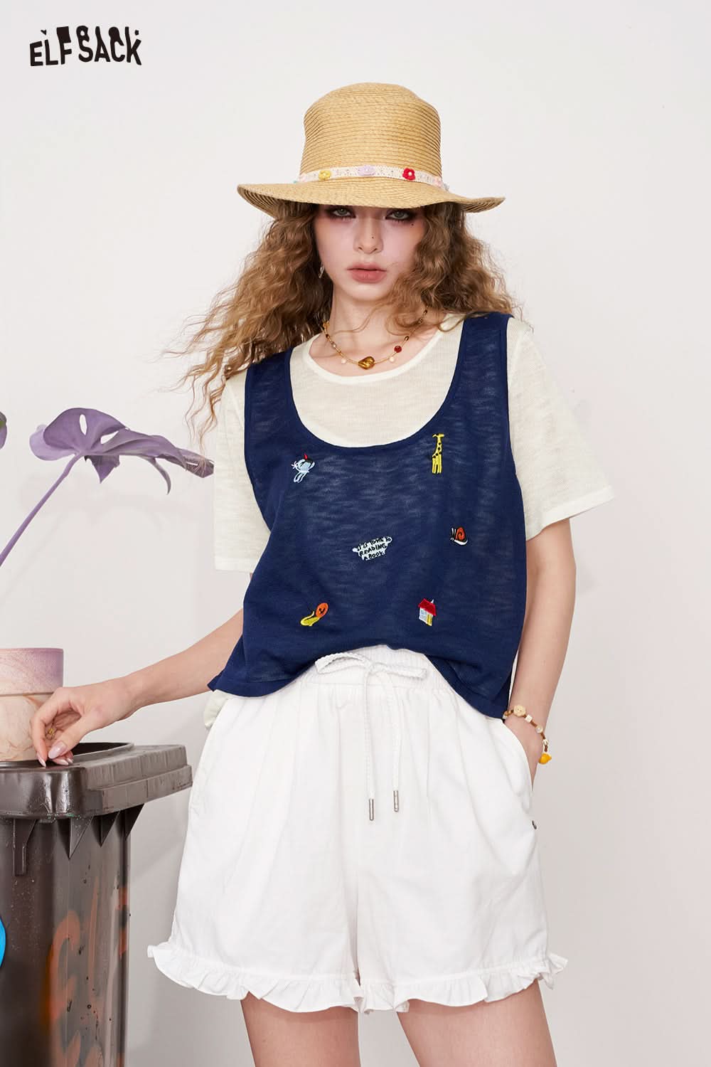 ELFSACK Fake Two Pieces Animal Embroidery Short Sleeve Shirt