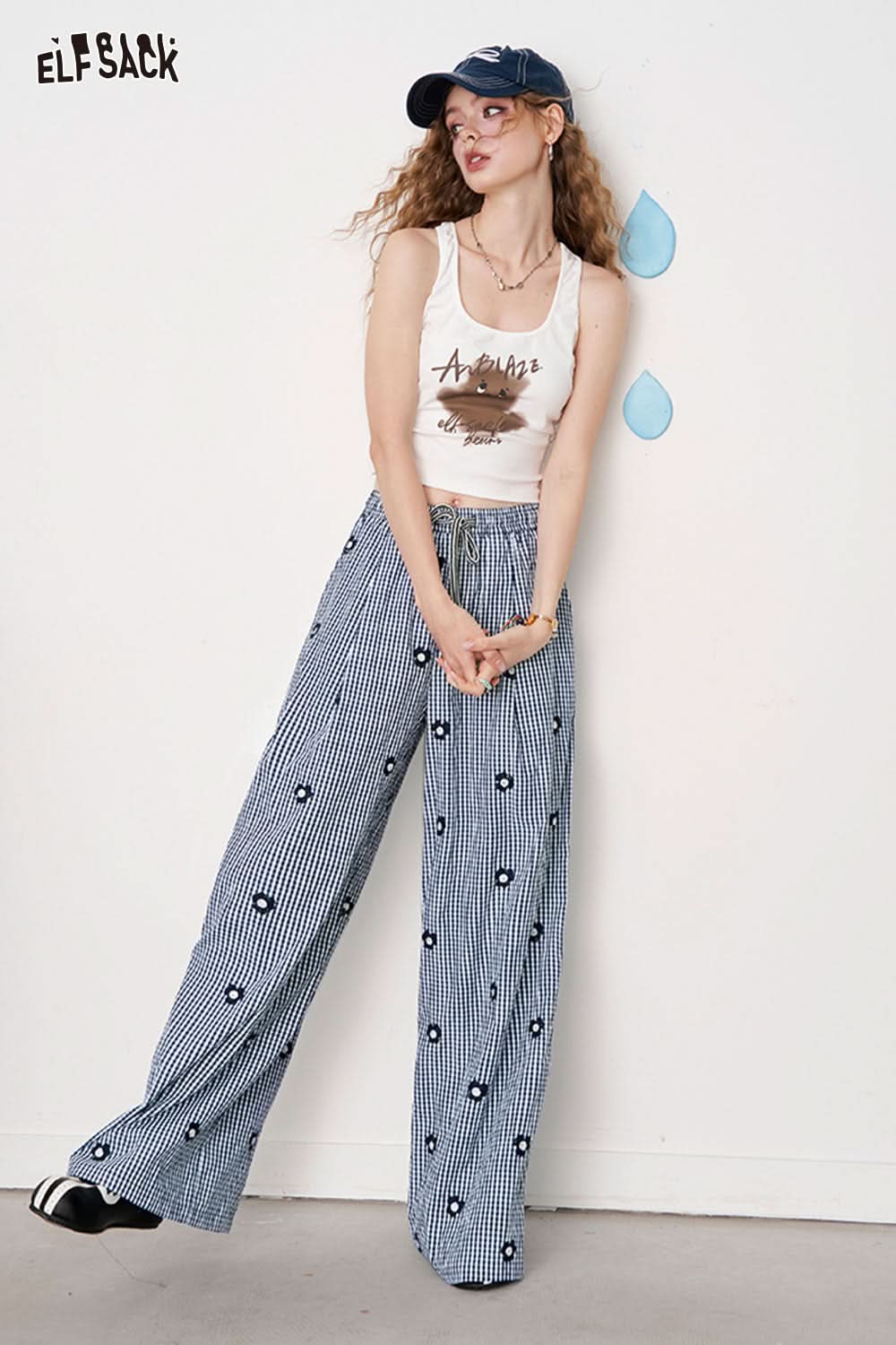 ELFSACK Floral Plaid Printed Wide Leg Trousers